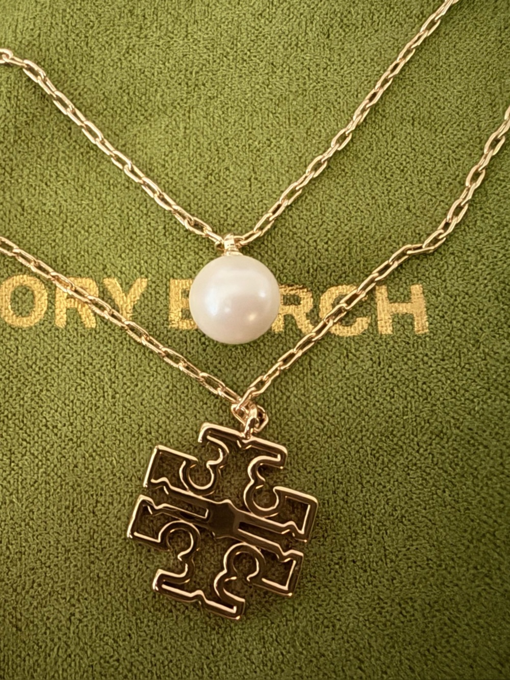 Tory Burch Gold Double Layered Logo and White Faux Pearl Pendant